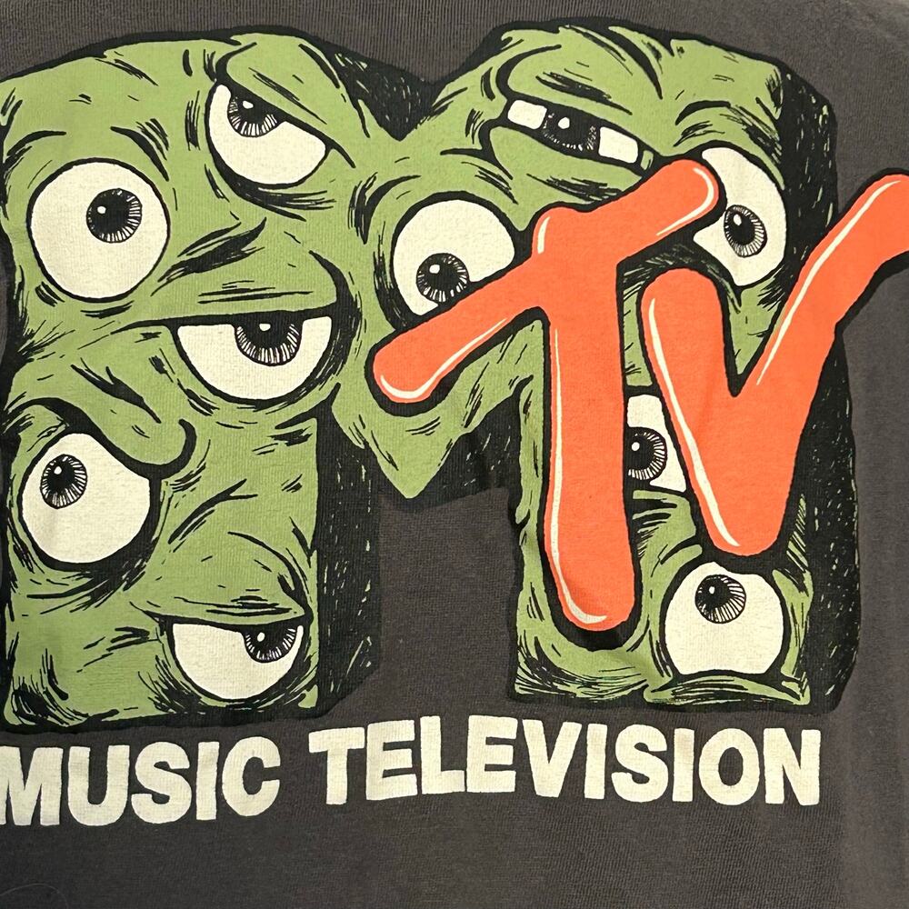 Cotton MTV Eyeball Monster Graphic T-Shirt Large Gray Front Back Print